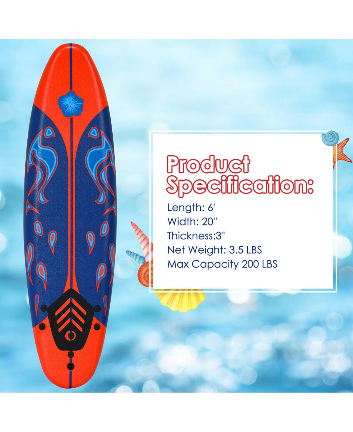 6' Surfboard Foamie Body Surfing Board W/3 Fins & Leash