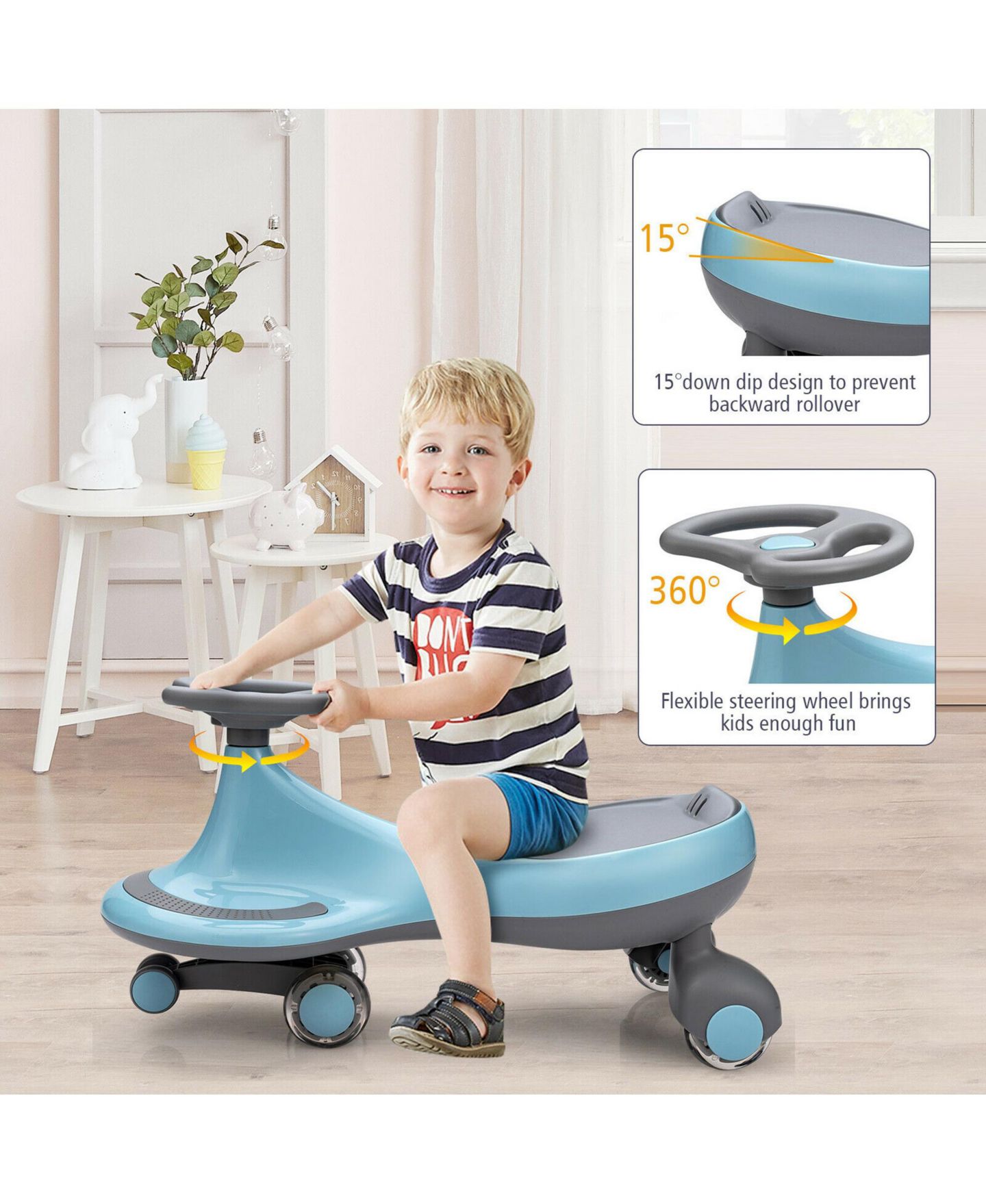 Детская игрушка Costway Wiggle Car 27" L Flashing Wheels Ride-On Toy, Ages 2+, цвет: Синий — фото 8