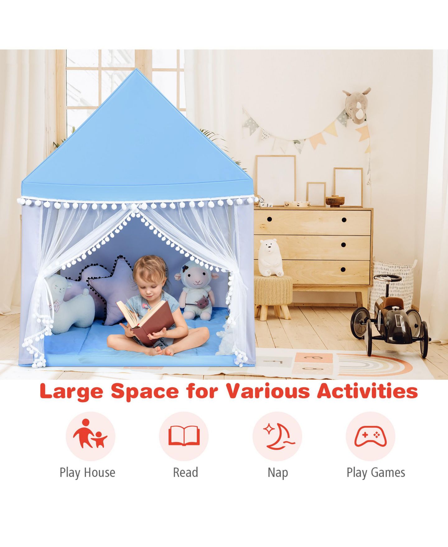 Детская игрушка Costway Large Playhouse With Mat, Ages 2+, цвет: Синий — фото 9