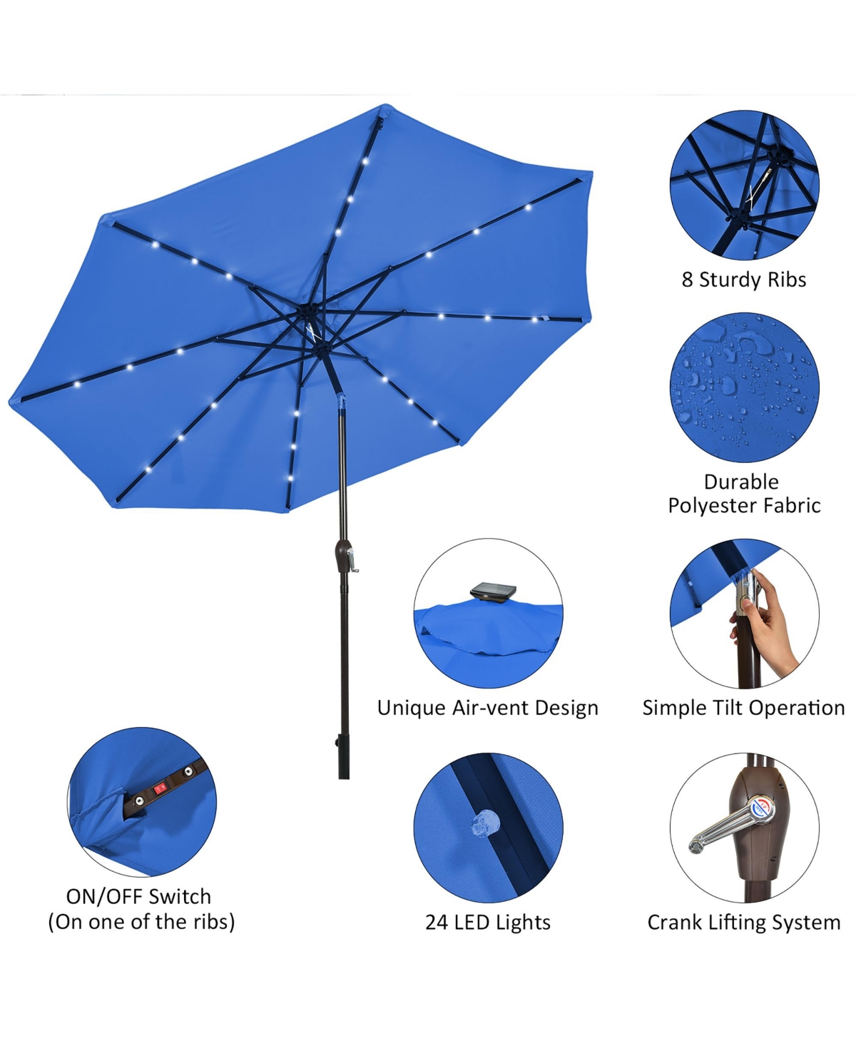 10' Solar Led Lighted Patio Market Umbrella Shade Tilt Adjustment
