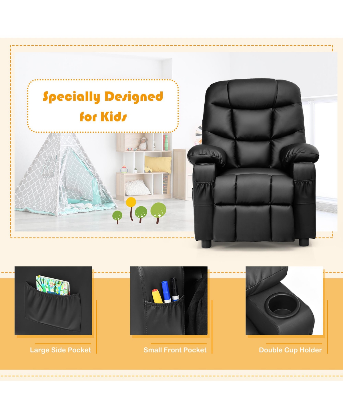 Costway Kids Youth Recliner Chair Pu Leather w/Cup Holders & Side Pockets