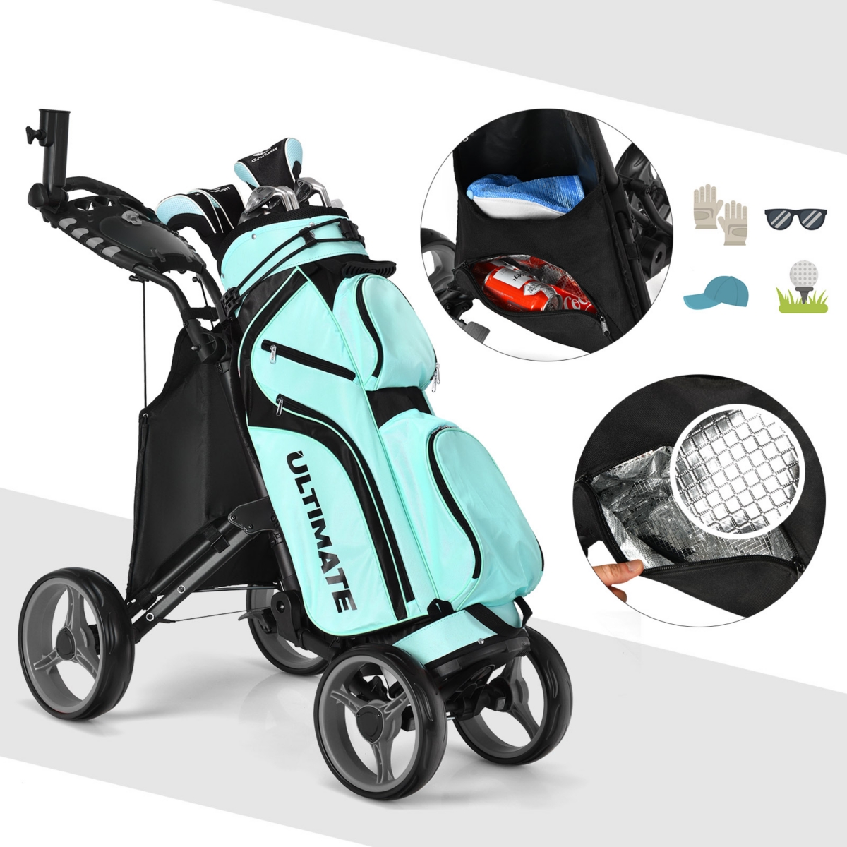 Costway Folding 4 Wheels Golf Push Cart W/Bag Scoreboard Adjustable Handle
