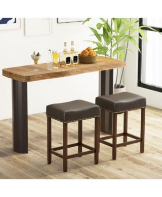 24" Upholstered Bar Stools Set of 2 with Footrests Rubberwood Frame Saddle-shaped