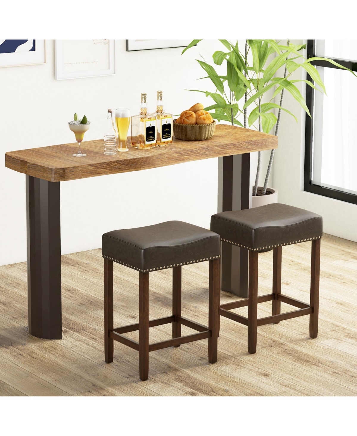 Costway Upholstered Bar Stools Set of 2 with Footrests Rubberwood Frame Saddle-shaped