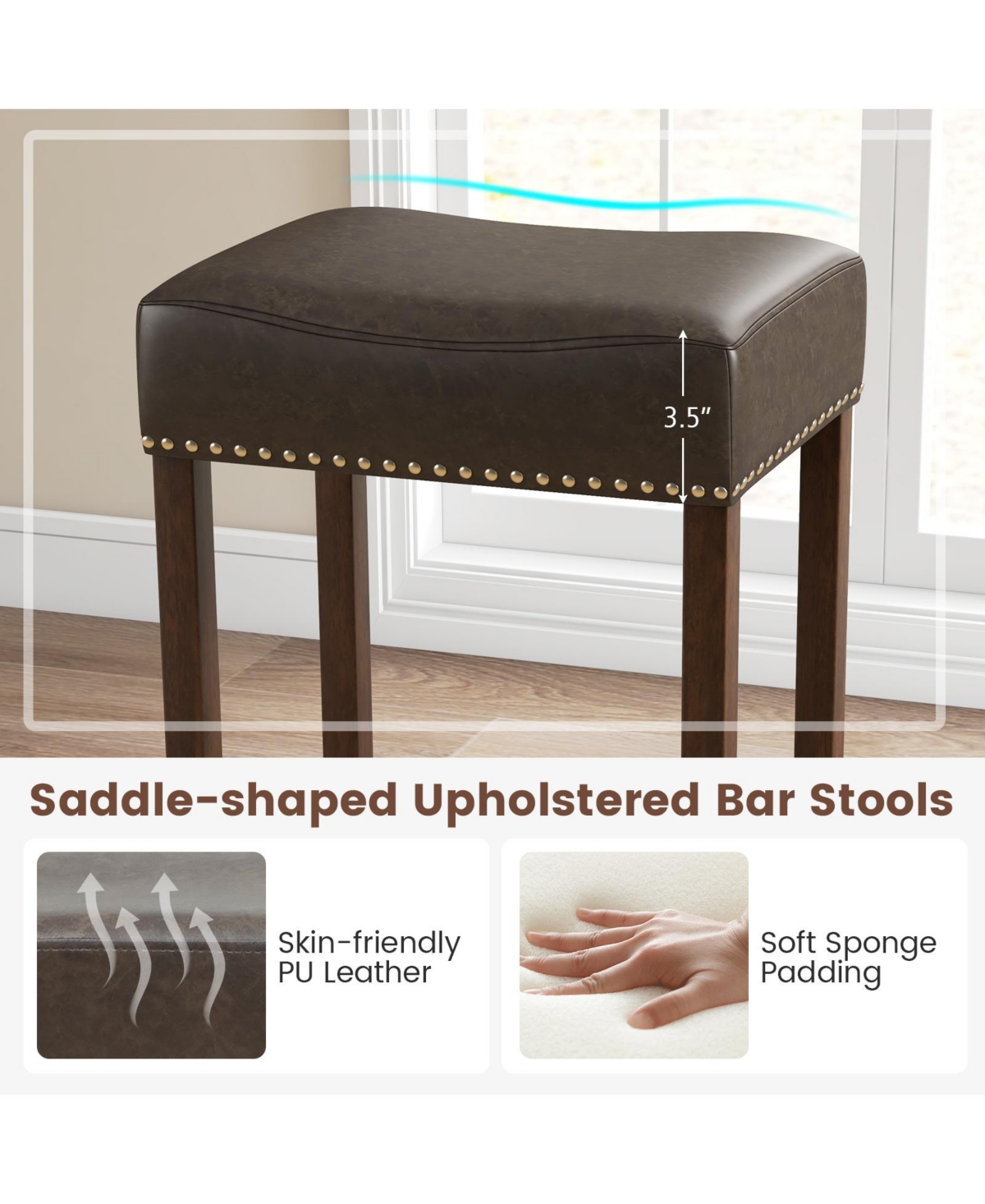 Costway Wood Frame Pu Leather Upholstered Bar Stools Set of 2 with Footrests