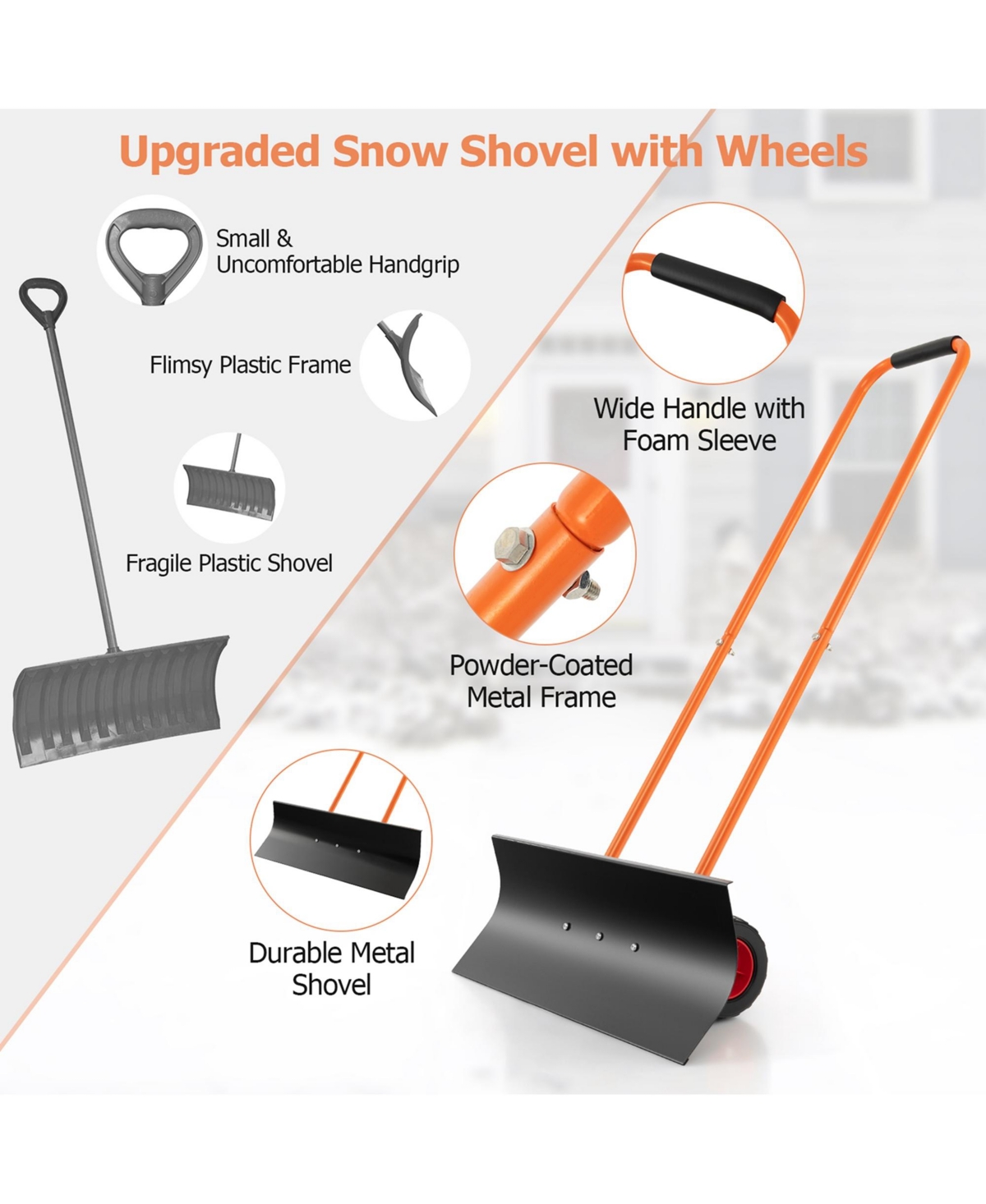 Costway Snow Shovel Heavy-Duty Metal Adjustable Height Wheeled Snow Removal Pusher