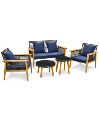 5PCS Outdoor Rattan Woven Conversation Set Stable Acacia Wood Frame for Backyard