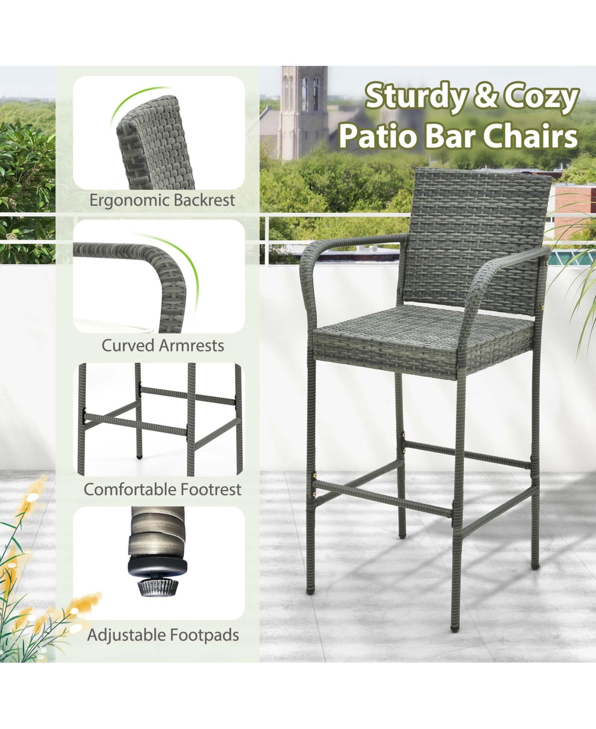 Costway 4PCS Patio Pe Wicker Bar Chairs Counter Height Barstools With Armrests &Cushions
