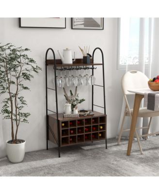 Industrial Rack Freestanding Bottle Holder with Stemware Holder & Open Shelves