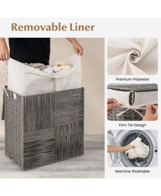 Hand-woven Rattan Laundry Hamper with Lid Removable Liner Bag 29-Gallon 2-Section