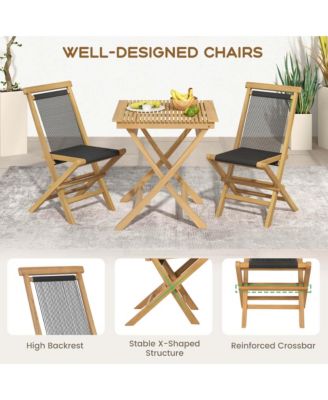 2 PCS Patio Folding Chairs with Woven Rope Seat & Back Solid Teak Wood for Porch