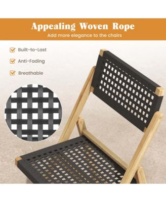 2 Piece Patio Folding Chairs with Woven Rope Seat & High Back Teak Wood for Porch