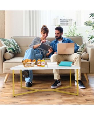 Modern Coffee Table with Faux Marble Tabletop & Golden Y-shaped Legs Foot Pads