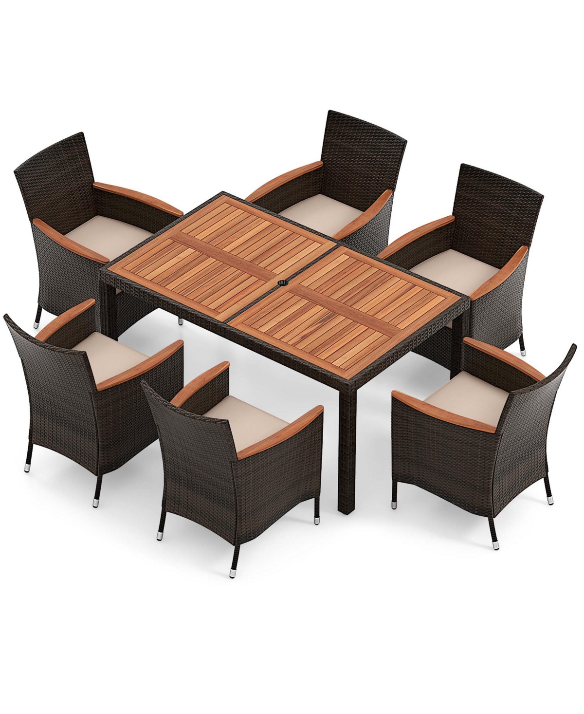 Costway 7 Pieces Outdoor Wicker Dining Set with Acacia Wood Table and 6 Stackable Chairs -khaki