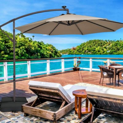 Patio 10FT Hanging Offset Umbrella 32 LED Lights Sand Bag Outdoor Cross Base