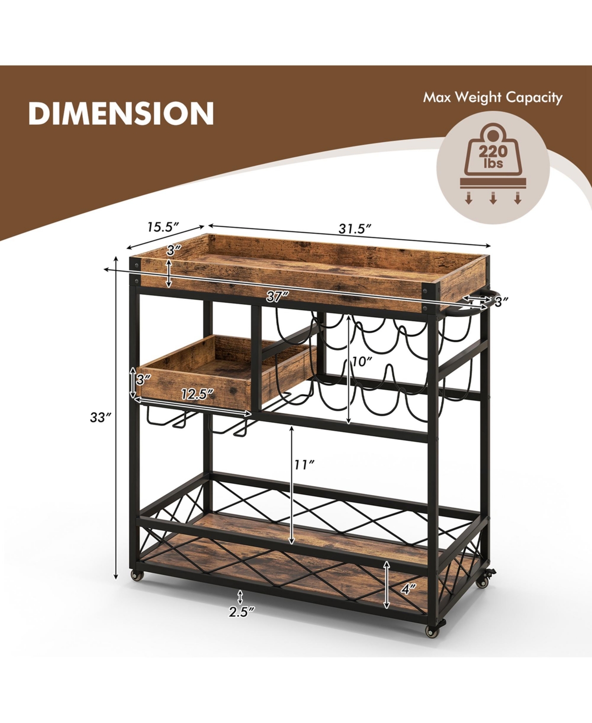 Costway 3-Tier Mobile Bar Serving Cart Liquor Storage Trolley with Removable Tray Wine Rack
