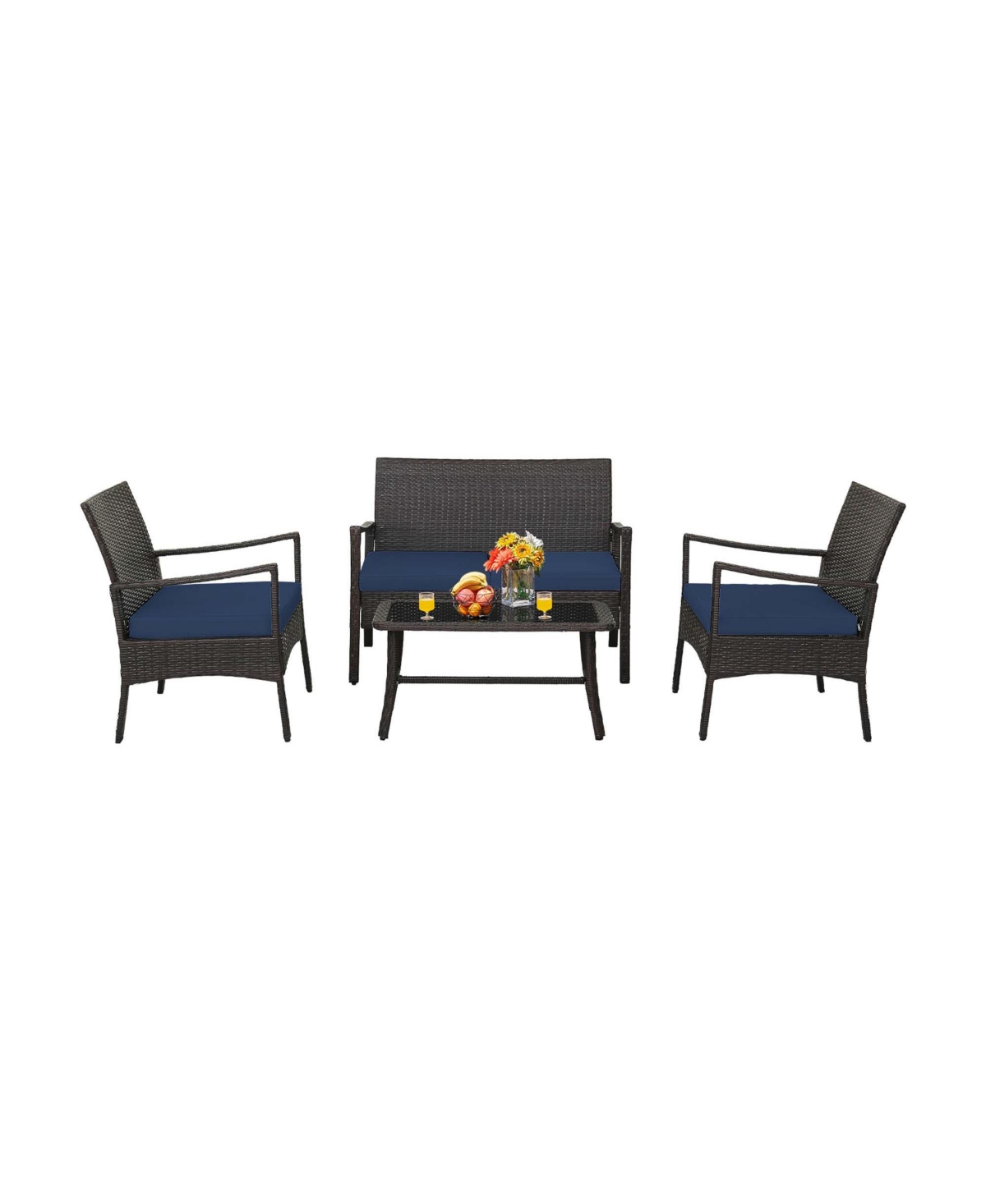 Costway 4PCS Patio Rattan Wicker Furniture Set Cushioned Sofa Armrest Coffee Table