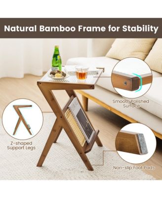 Rattan Side Table Bamboo Accent Bedside Table with Tempered Glass Top