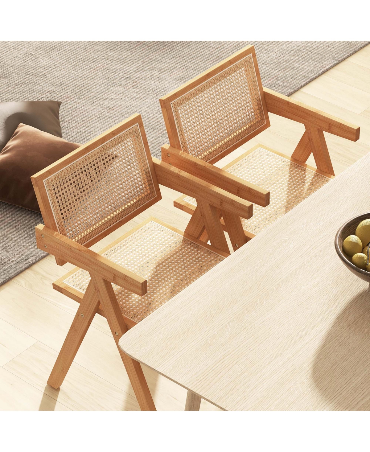 Costway Set of Rattan Accent Chairs Mid Century Dining Armchair Bamboo Frame Kitchen