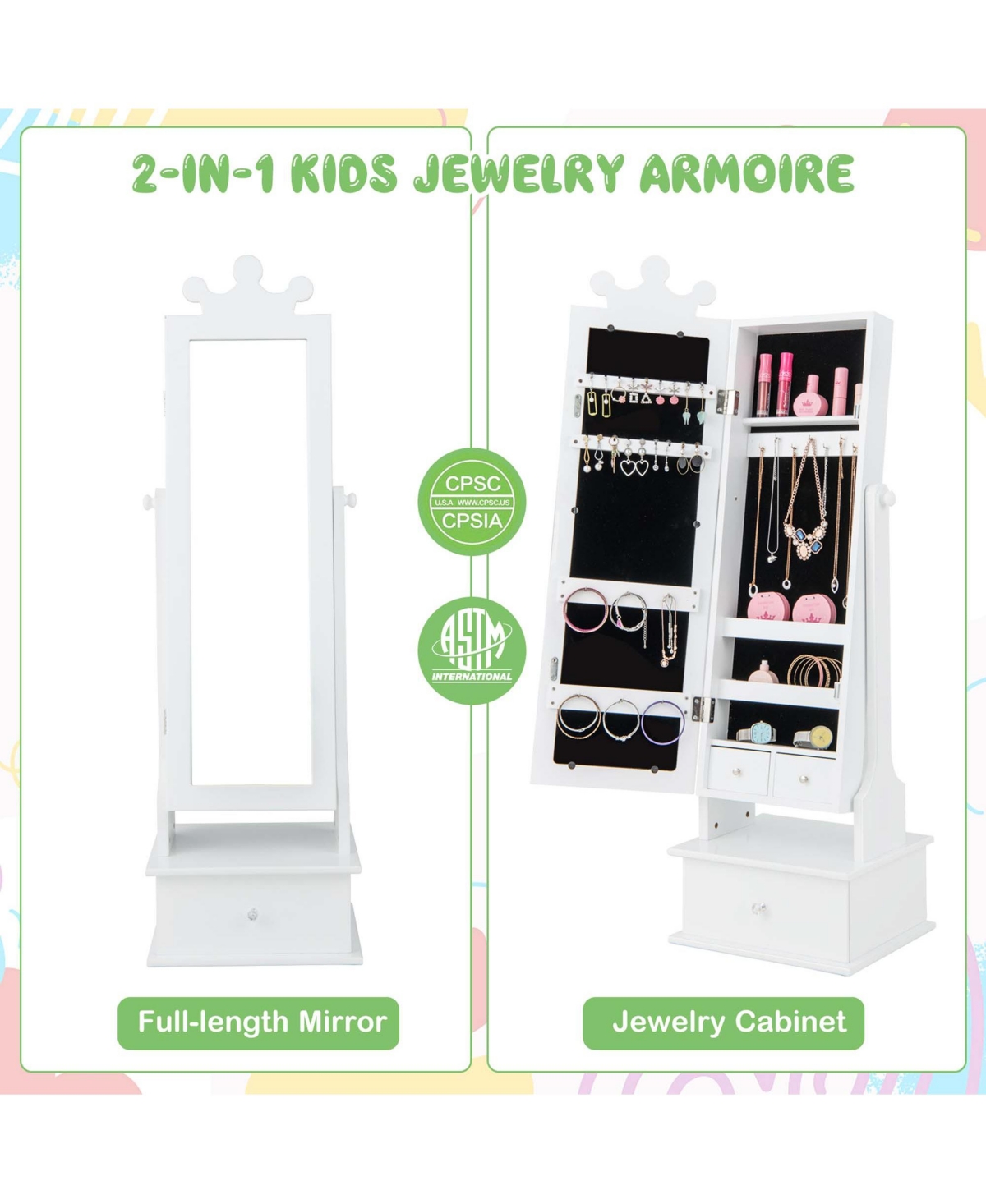 Kid Freestanding Jewelry Armoire 2-in-1 Full Length Mirror Storage Drawer