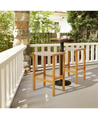 4PCS Patio PE Wicker Bar Stools with Acacia Wood Frame Bar Height Chairs Poolside
