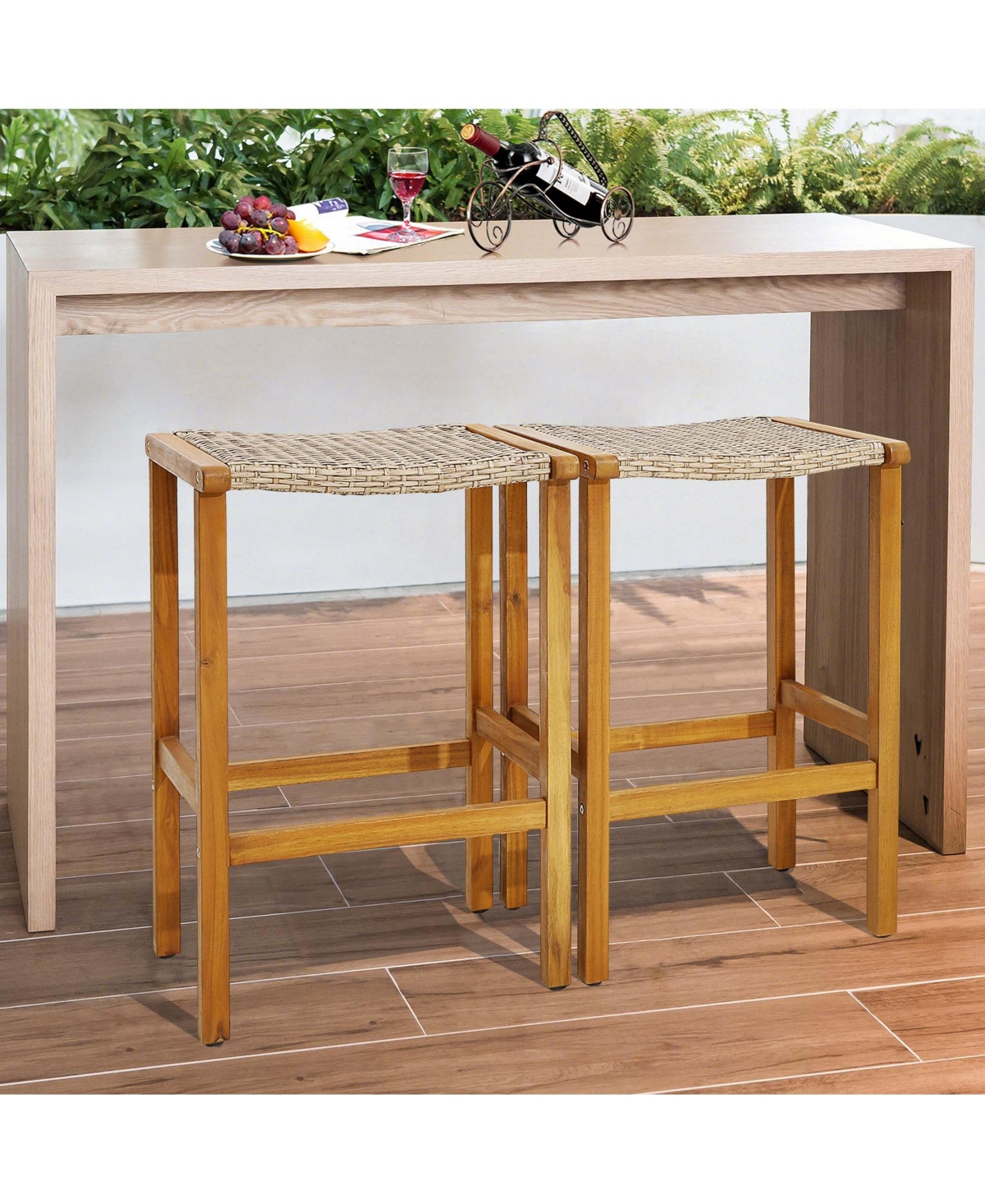 Costway 2PCS Patio Pe Wicker Bar Stools with Acacia Wood Frame Height Chairs Poolside
