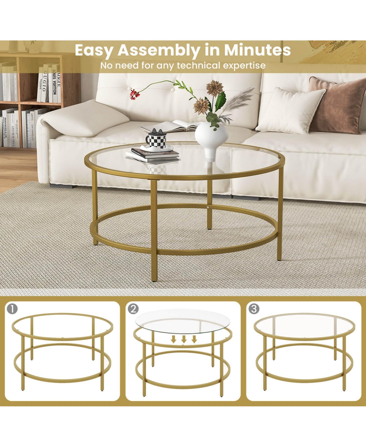 Costway 36'' Round Coffee Table Tempered Glass Tabletop Metal Frame Living Room