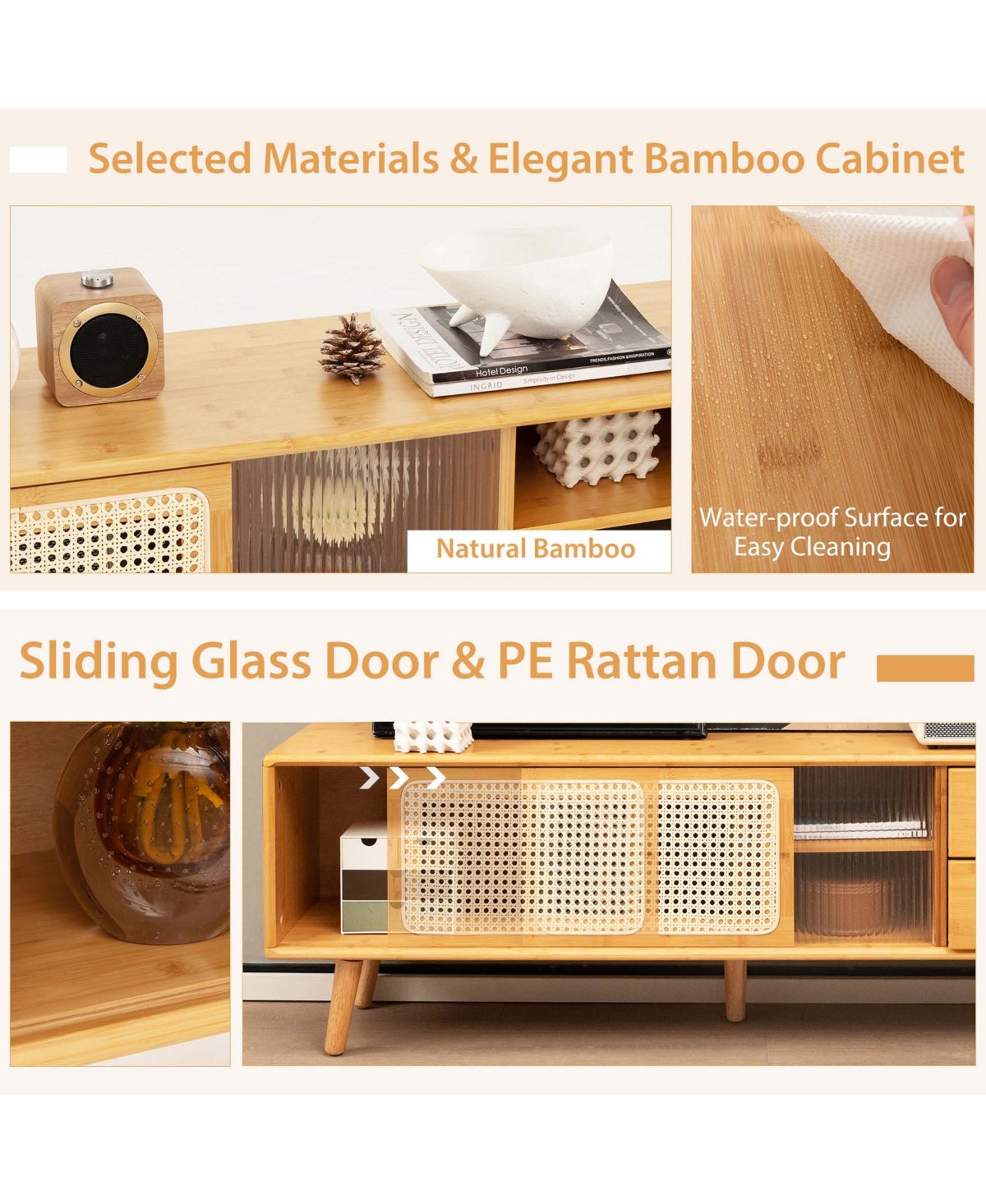 Costway Bamboo Tv Stand Console Table with Pe Rattan Door & 2 Drawers for Tv up to