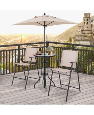 4PCS Patio Bistro Set Folding Counter Height Chairs Round Bar Table& Umbrella