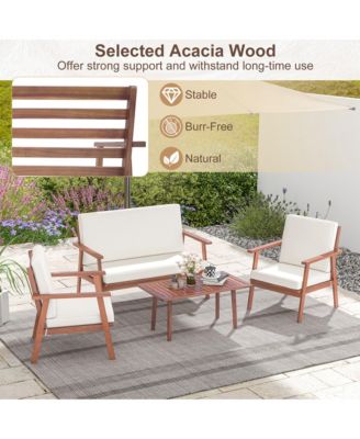 4 PCS Patio Conversation Set Acacia Wood Sofa Coffee Table with Cushioned Seat