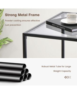 Glass Coffee Table 27.5 Inch 2-Tier Square with Mesh Shelf Living Room