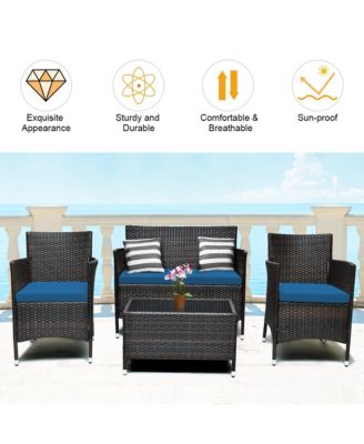 4PCS Rattan Patio Furniture Set Cushioned Sofa Chair Coffee Table