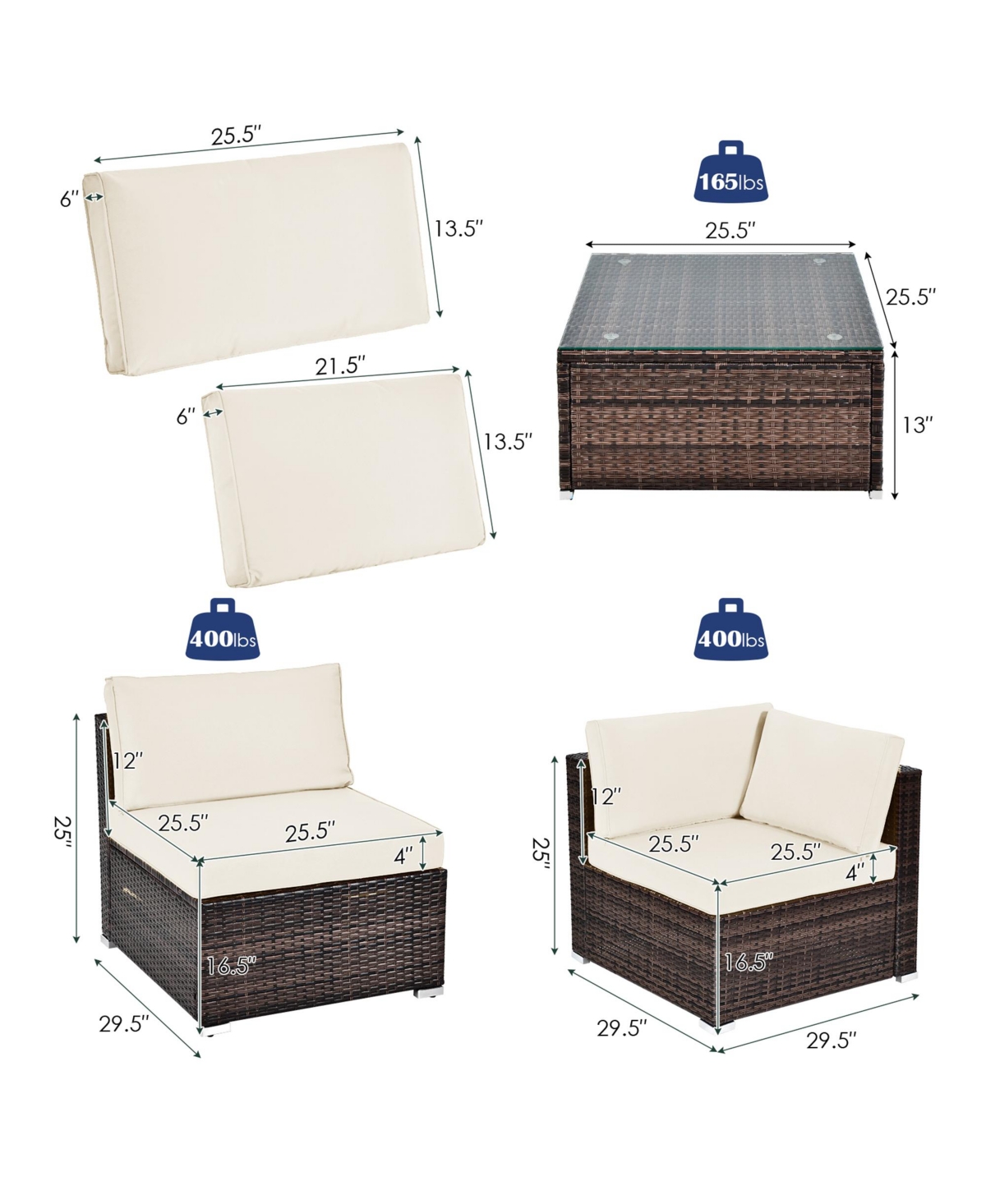 Gymax 6PCS Rattan Outdoor Sectional Sofa Set Patio Furniture Set w/ White Cushions - White+mix brown