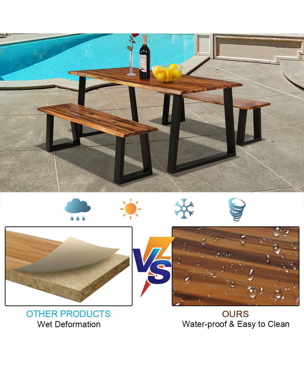 Gymax Picnic Table Set Acacia Wood 3 Piece Table Bench Outdoor Patio