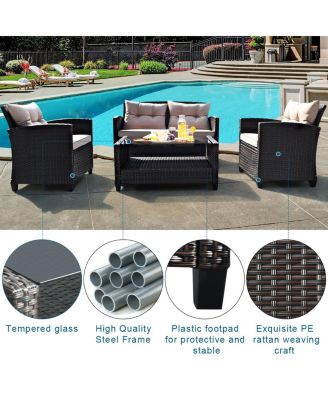 4PCS Outdoor Rattan Furniture Set Cushioned Sofa Armrest Table