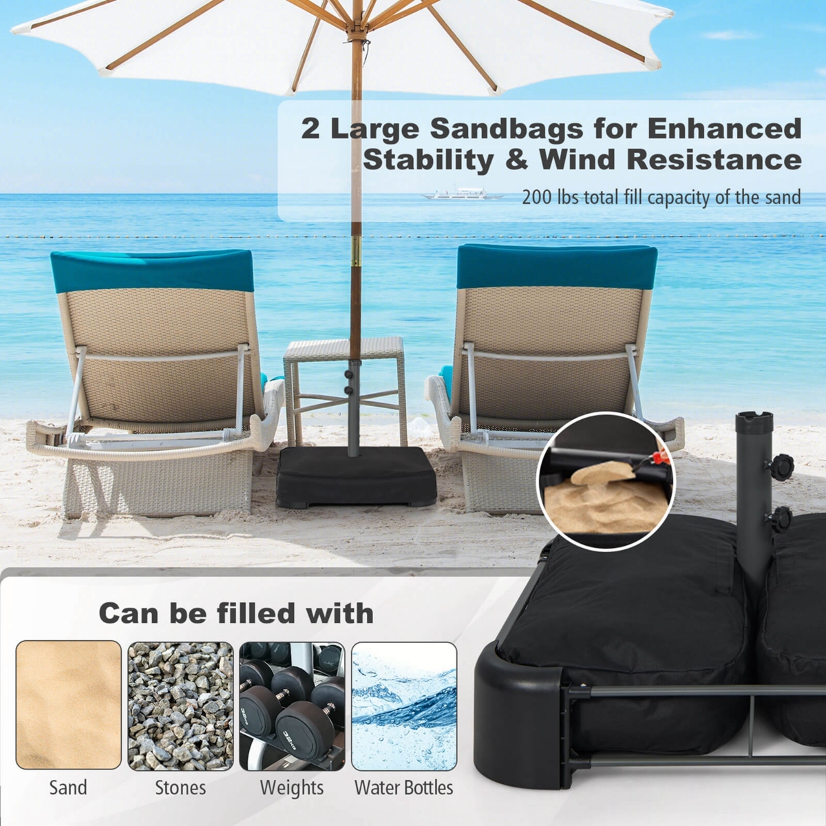 Costway Patio Market Offset Umbrella Stand Holder Base Sand Filled Sandbags 220lbs