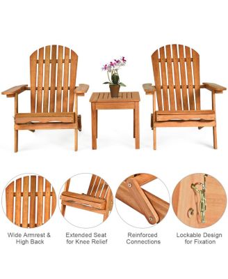 3PCS Patio Wooden Adirondack Chair Table Set Folding Seat Furniture Garden