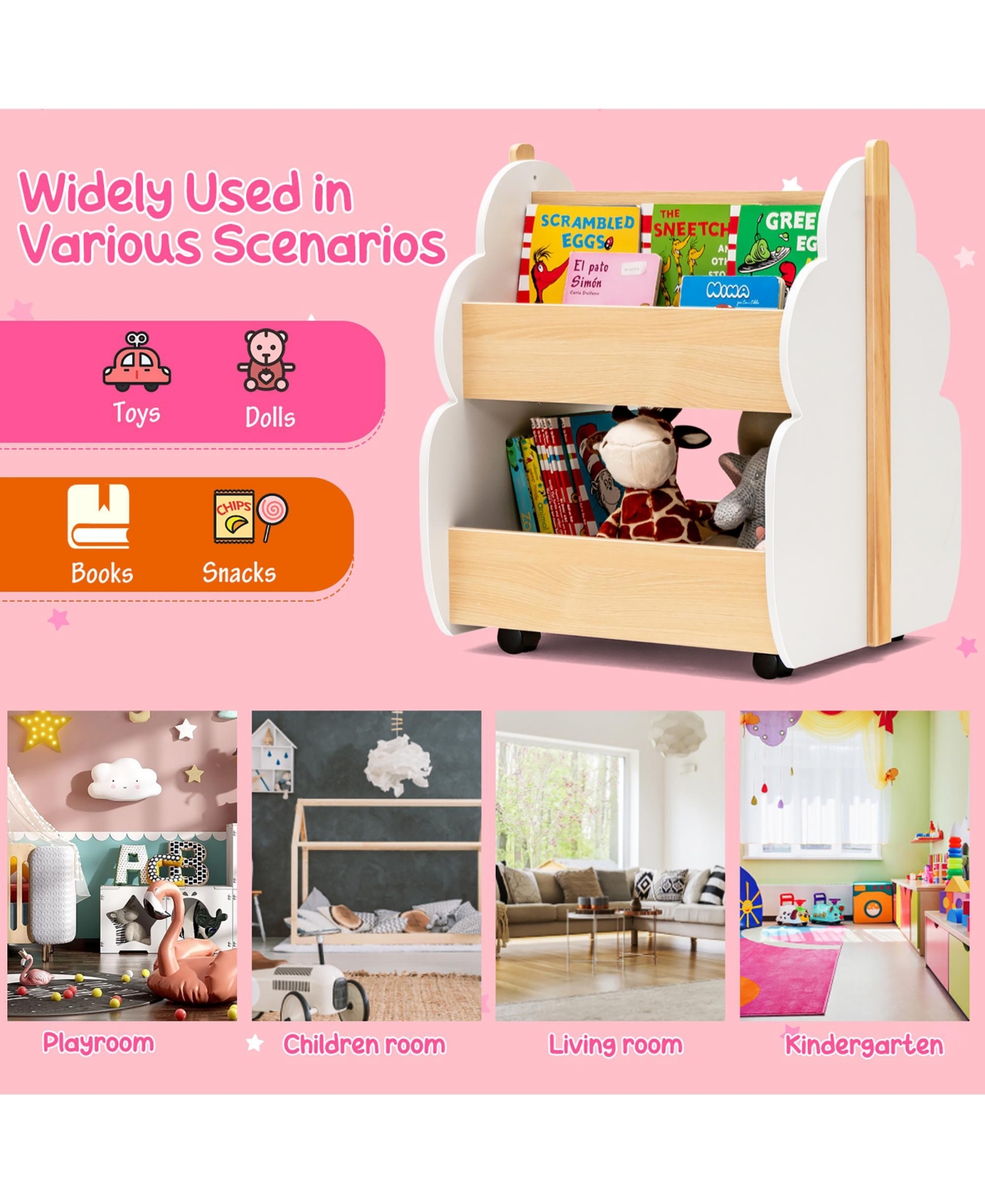 Costway Kids Wooden Bookshelf with Wheels 2-Tier Toy Storage Shelf Double-sided Bookcase