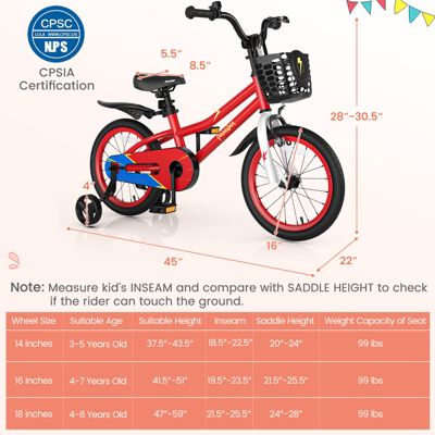 16'' Kid's Bike with Removable Training Wheels & Basket for 4-7 Years Old