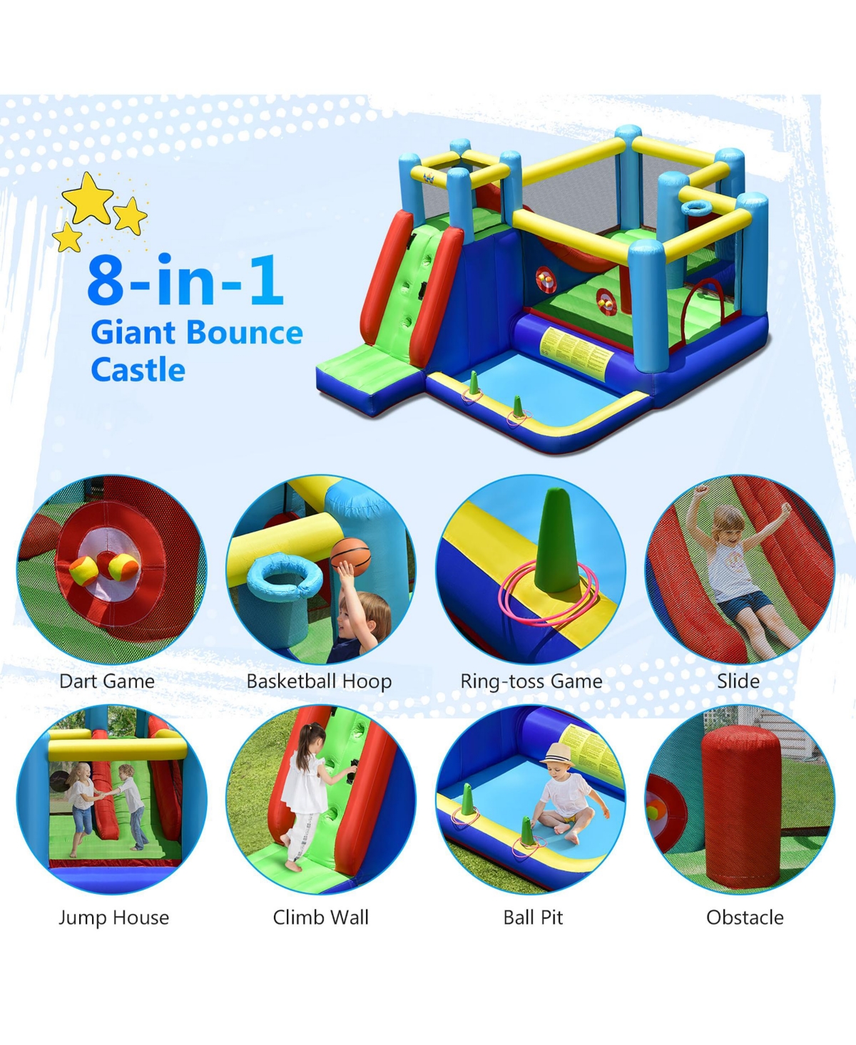 Inflatable Bounce House 8-in-1 Kids Inflatable Slide Bouncer (With 735W Blower)