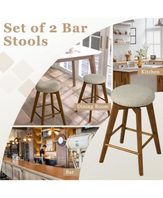 Set of 2 Swivel Bar Stools Upholstered Counter Height Chairs with Rubber Wood Legs