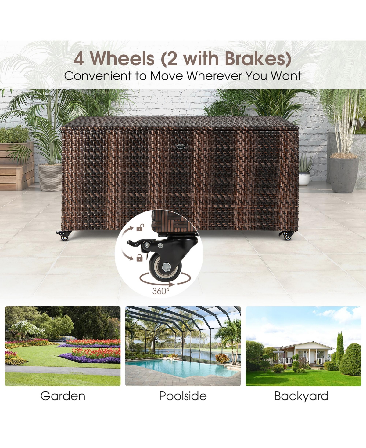 Costway Gallon Patio Rattan Storage Deck Box Container Garden Liner Wheels