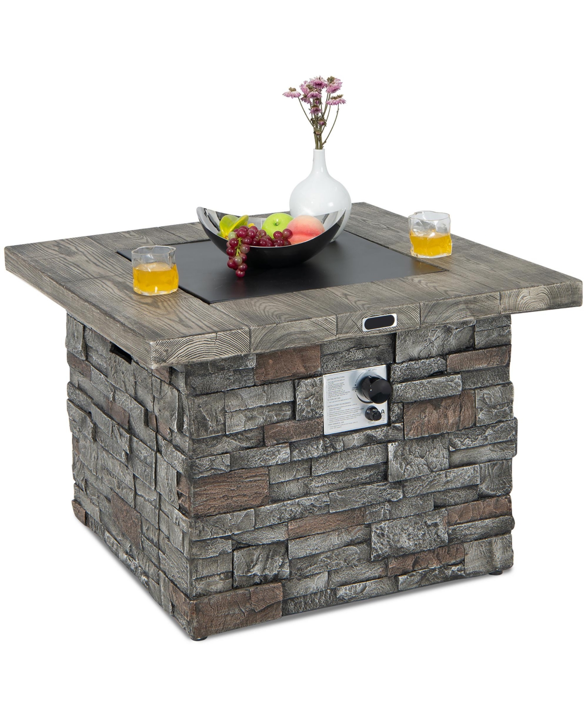Costway 34.5'' Square Propane Gas Fire Pit Table Faux Stone w/ Lava Rock