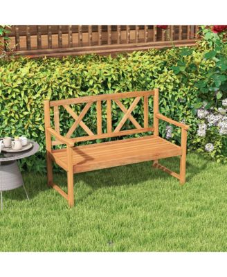 Patio Acacia Wood 2-Person Slatted Bench Outdoor Loveseat Chair Garden