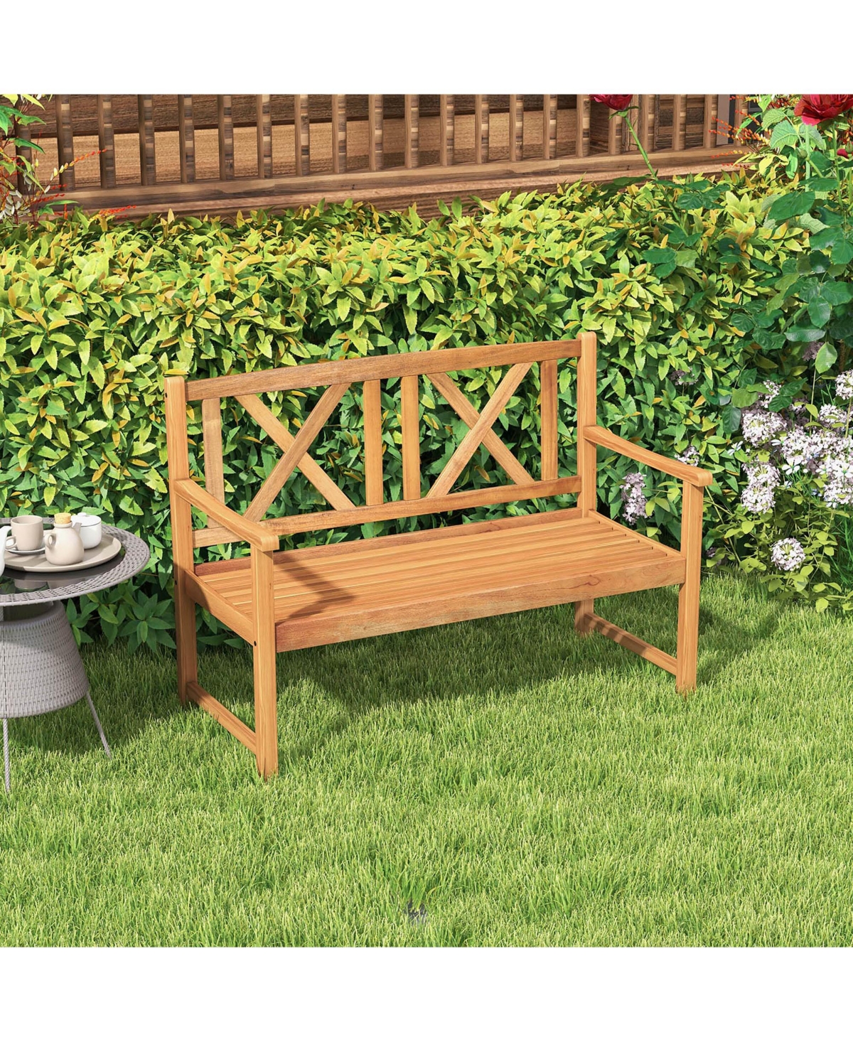 Costway Patio Acacia Wood 2-Person Slatted Bench Outdoor Loveseat Chair Garden