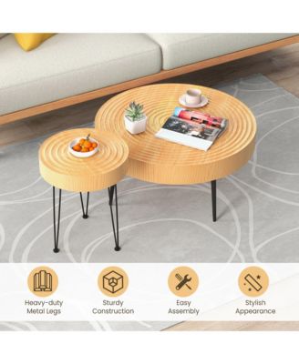 Farmhouse Round Coffee Table Set of 2 End Table Natural Finish