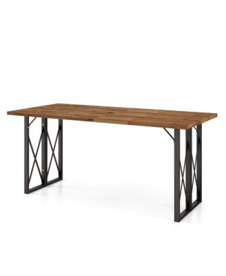 67'' Patio Rectangle Table Heavy-Duty Acacia Wood Dining Table with Umbrella Hole