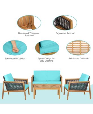 4PCS Patio Rattan Furniture Set Acacia Wood Cushioned Sofa