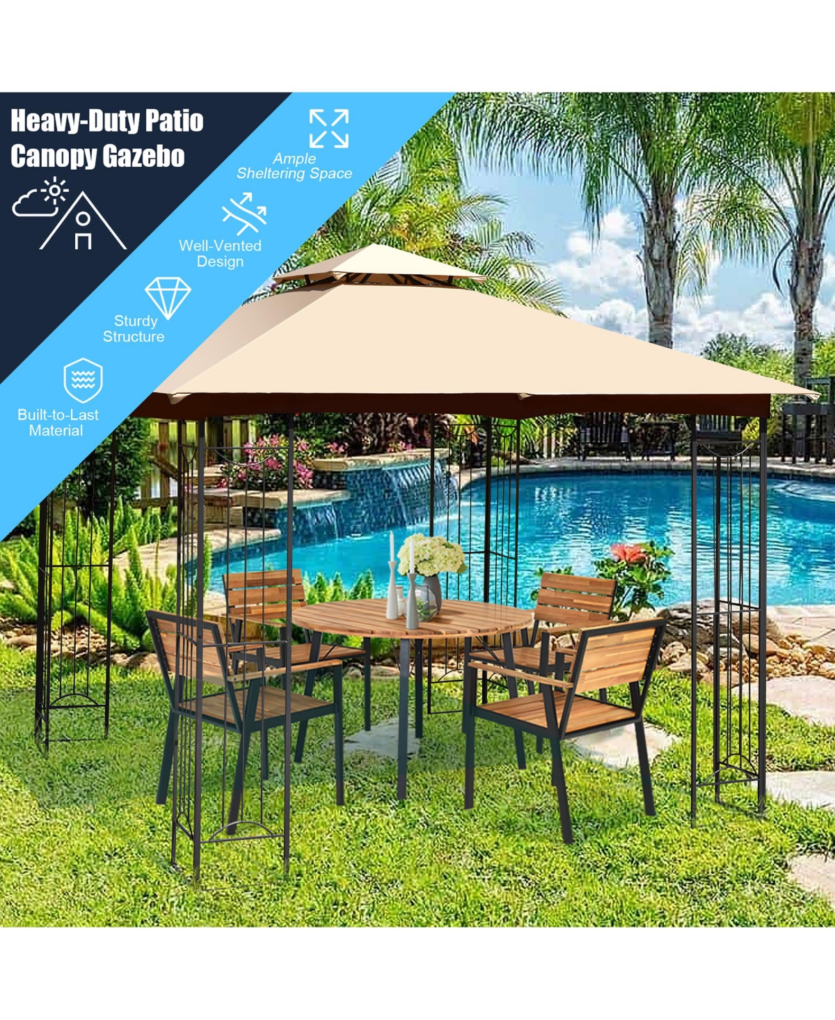 Costway Patio Canopy Gazebo Outdoor 2-Tier Steel Tent Heavy-Duty L-Shaped -khaki