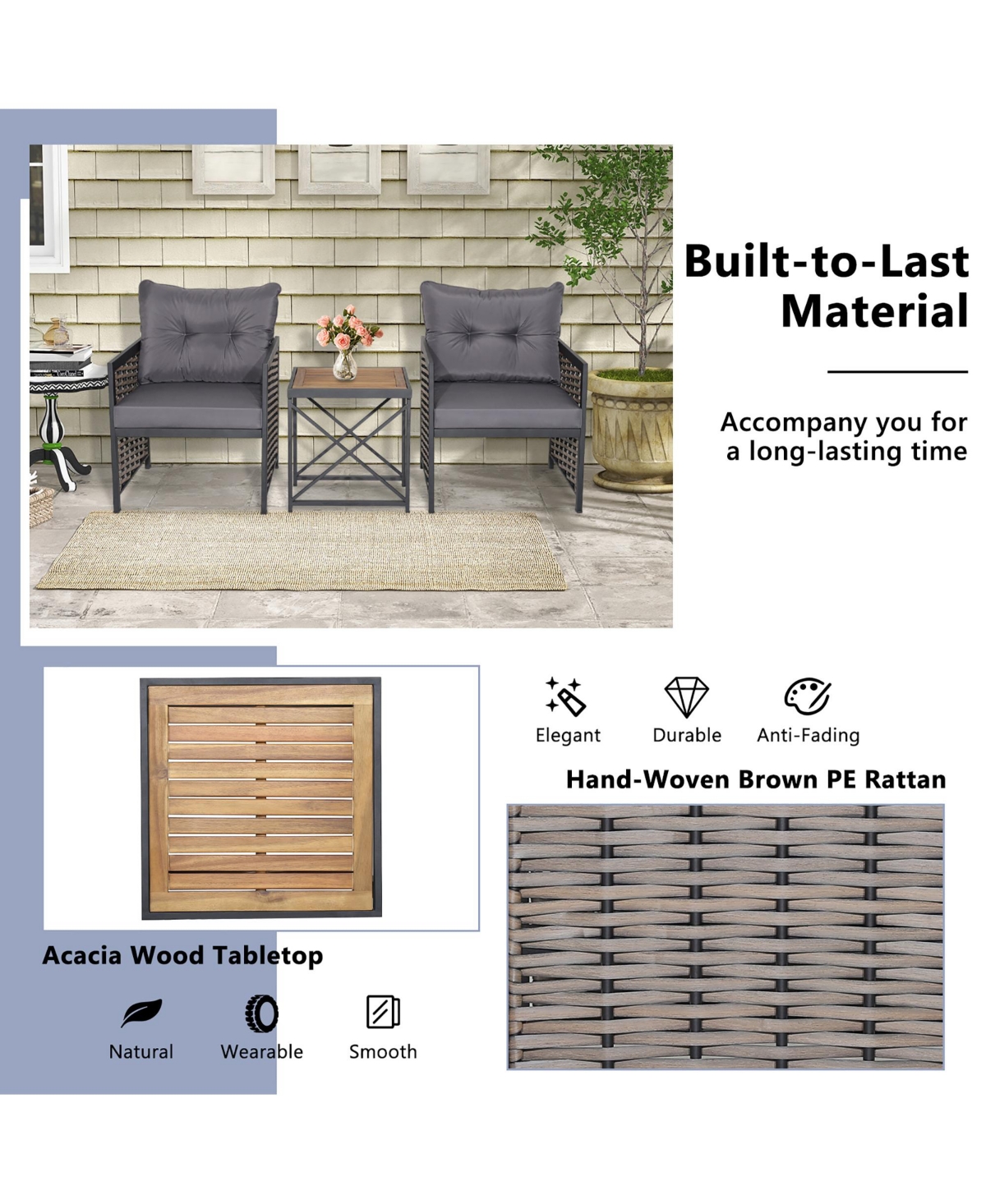 Costway 3 Pcs Patio Rattan Furniture Set Acacia Wood Coffee Table & 2 Chairs Backyard